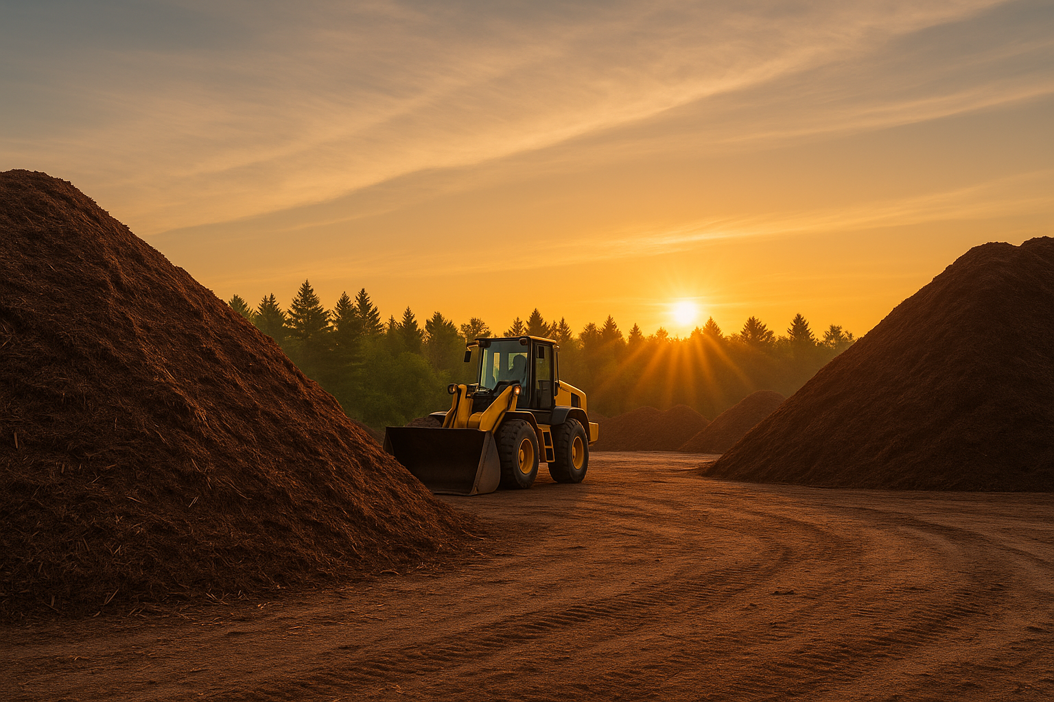 Mulch piles and loader on site